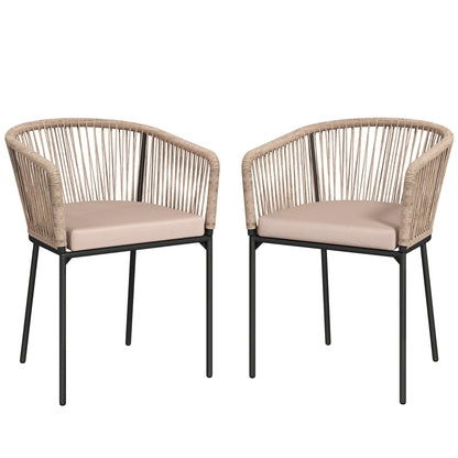 Outsunny Garden Chairs Set of 2, Rattan Garden Dining Chairs with String Back Armrests, Cushions, Natural Wood Finish