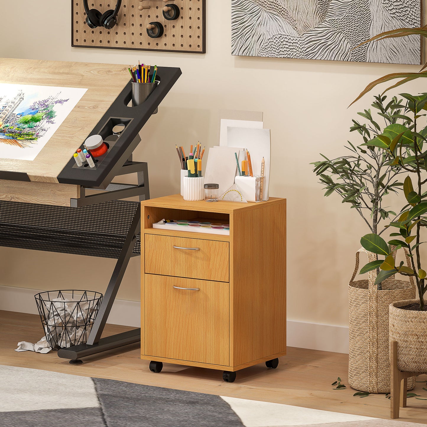 HOMCOM Filing Cabinet, Mobile File Cabinet with 2 Lockable Drawers, Office Home Organiser on Wheels for A4, Letter-Size File Folders, Mobile Printer with Open Shelf, Natural Wood Finish