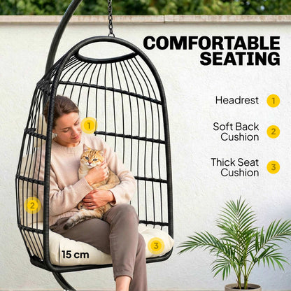 Outsunny Hanging Egg Chair, Indoor Outdoor Hammock Swing Chair with Stand, Safety Strap, Foldable Basket, Black/Cream White