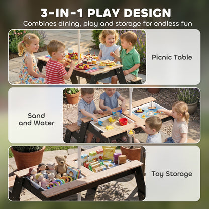AIYAPLAY Kids Garden Furniture with Parasol, 3 in 1 Wooden Sand and Water Table with 2 Hidden Play Boxes for Patio, Ages 3-6