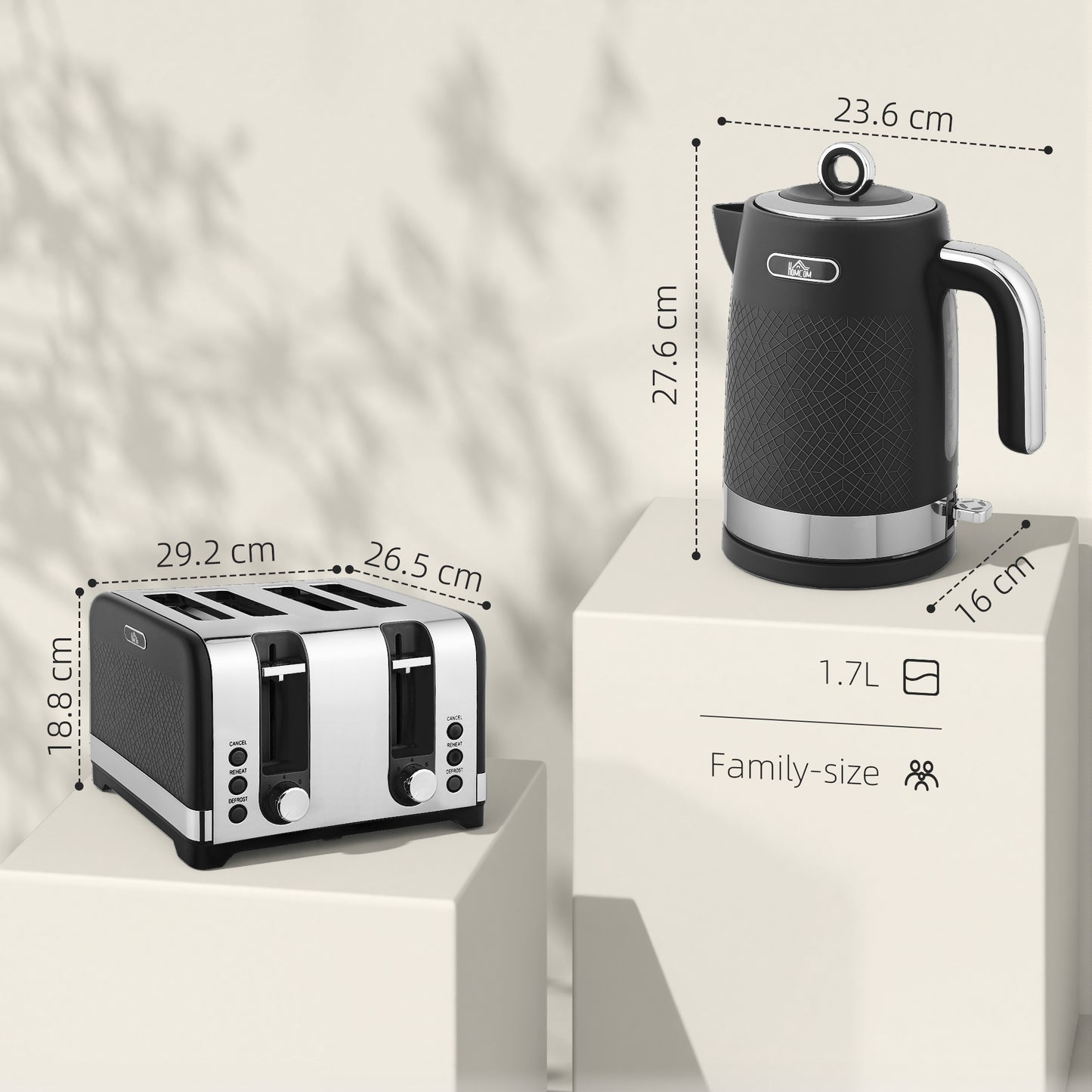 HOMCOM Sleek Textured Kettle and Four-Slice Toaster Set - Black--ChewyGames-ChewyGames