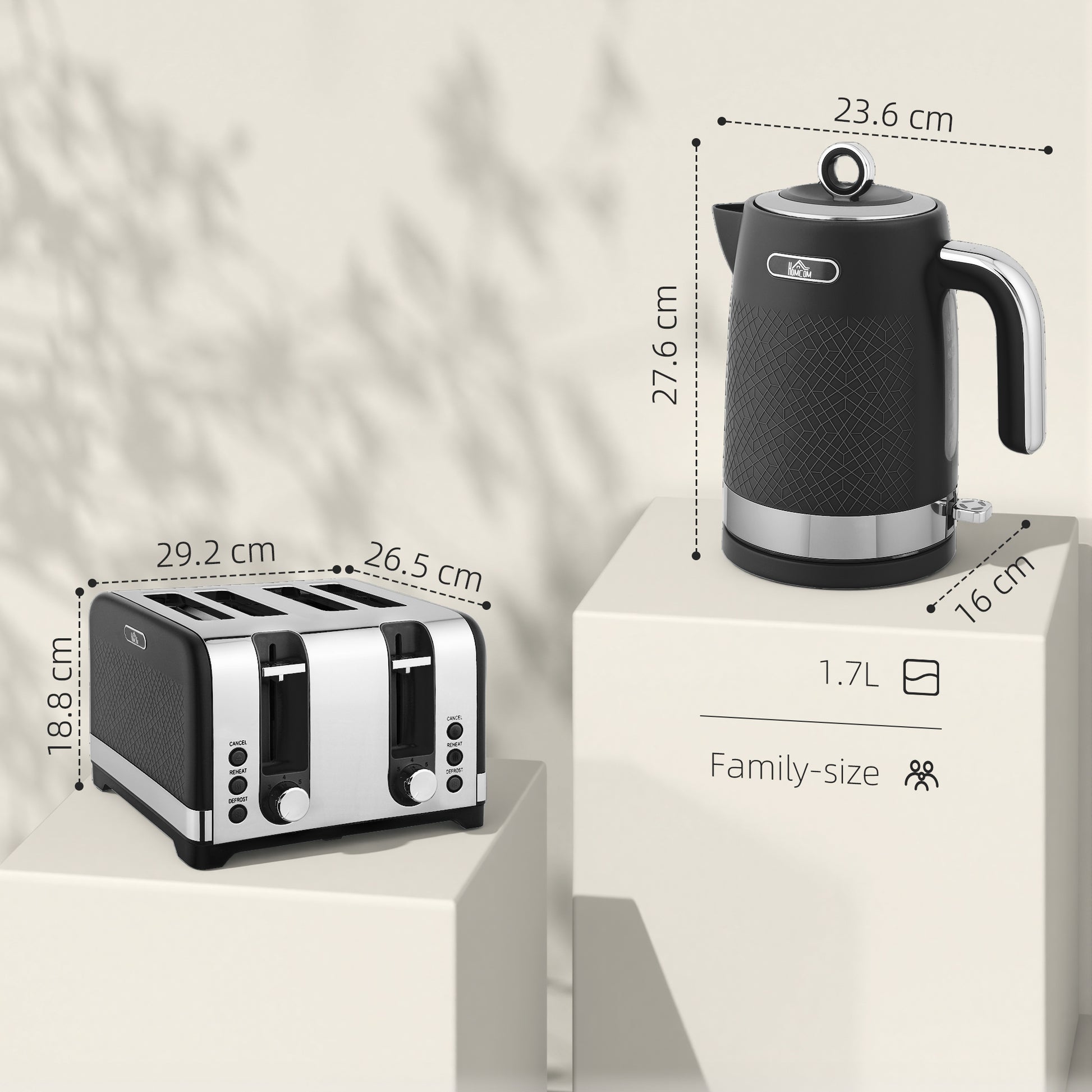HOMCOM Sleek Textured Kettle and Four-Slice Toaster Set - Black--ChewyGames-ChewyGames