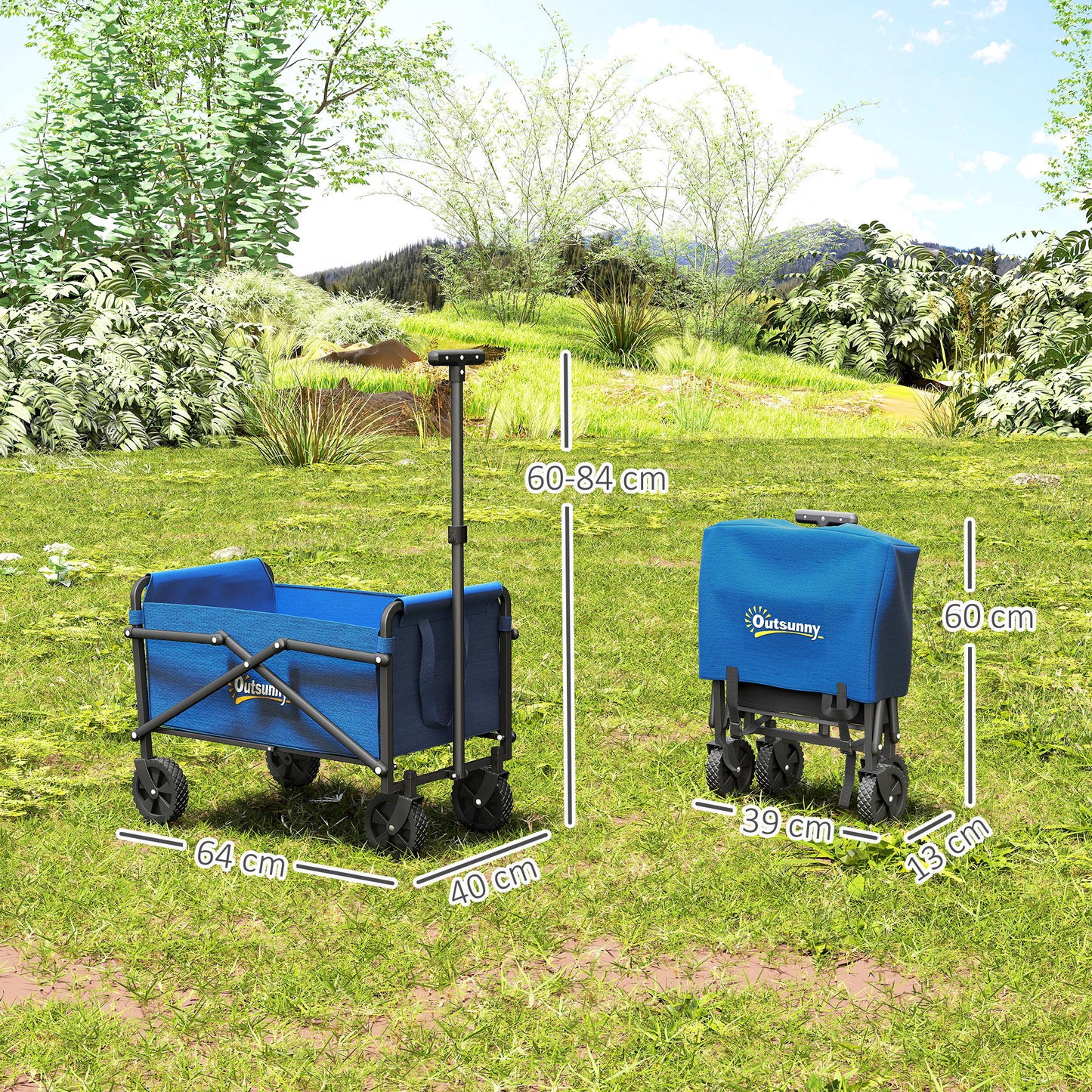 Outsunny 41L Festival Trolley on Wheels, Compact Garden Folding Trolley Cart, 60kg Heavy Duty Collapsible Foldable Wagon with Adjustable Handle and Carrying Bag for Beach, Camping, Festival, Blue