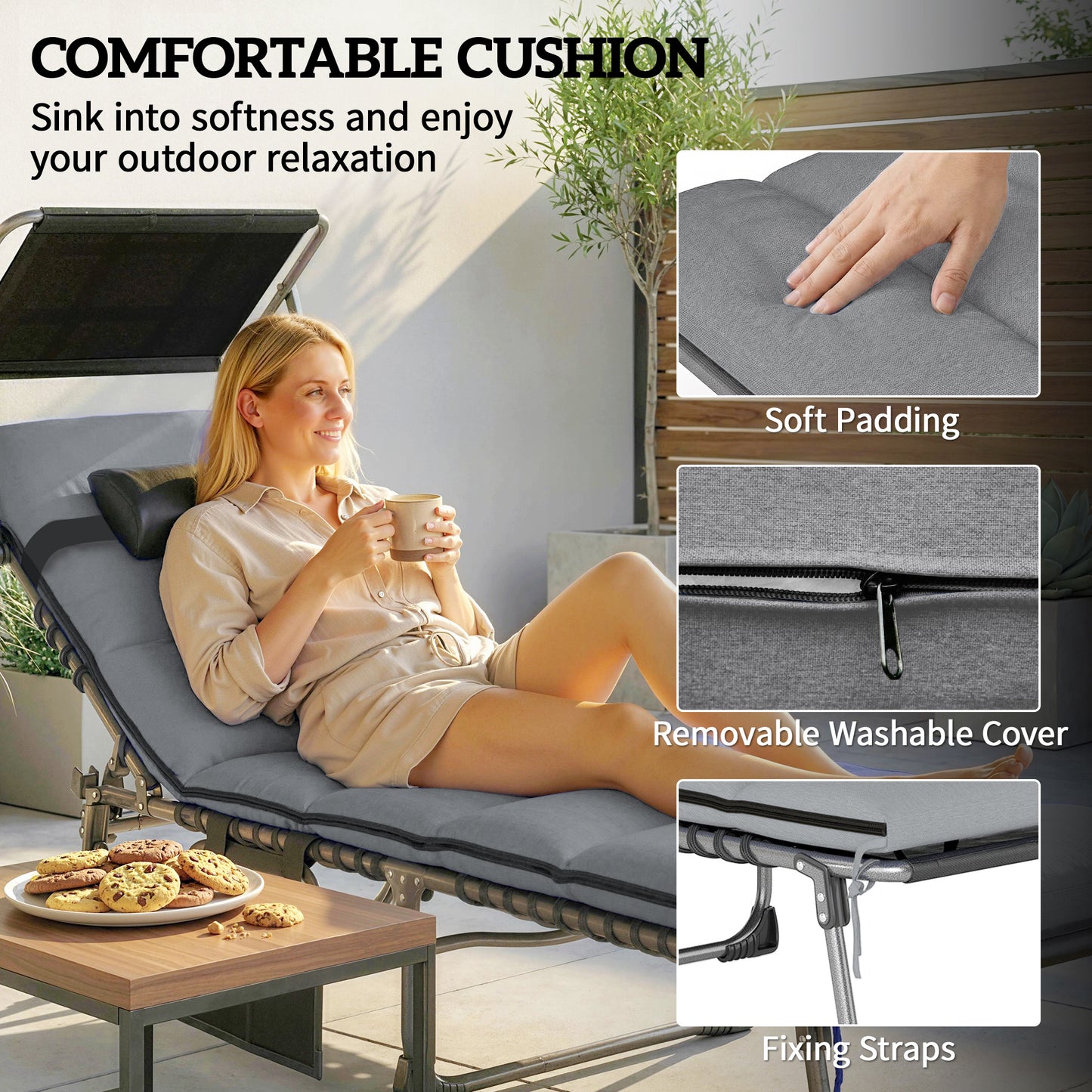 Outsunny Folding Sun Loungers Set of 2 with Canopy, Reclining Sunbed with Cushion, Side Pocket, Carrying Handle, Light Grey