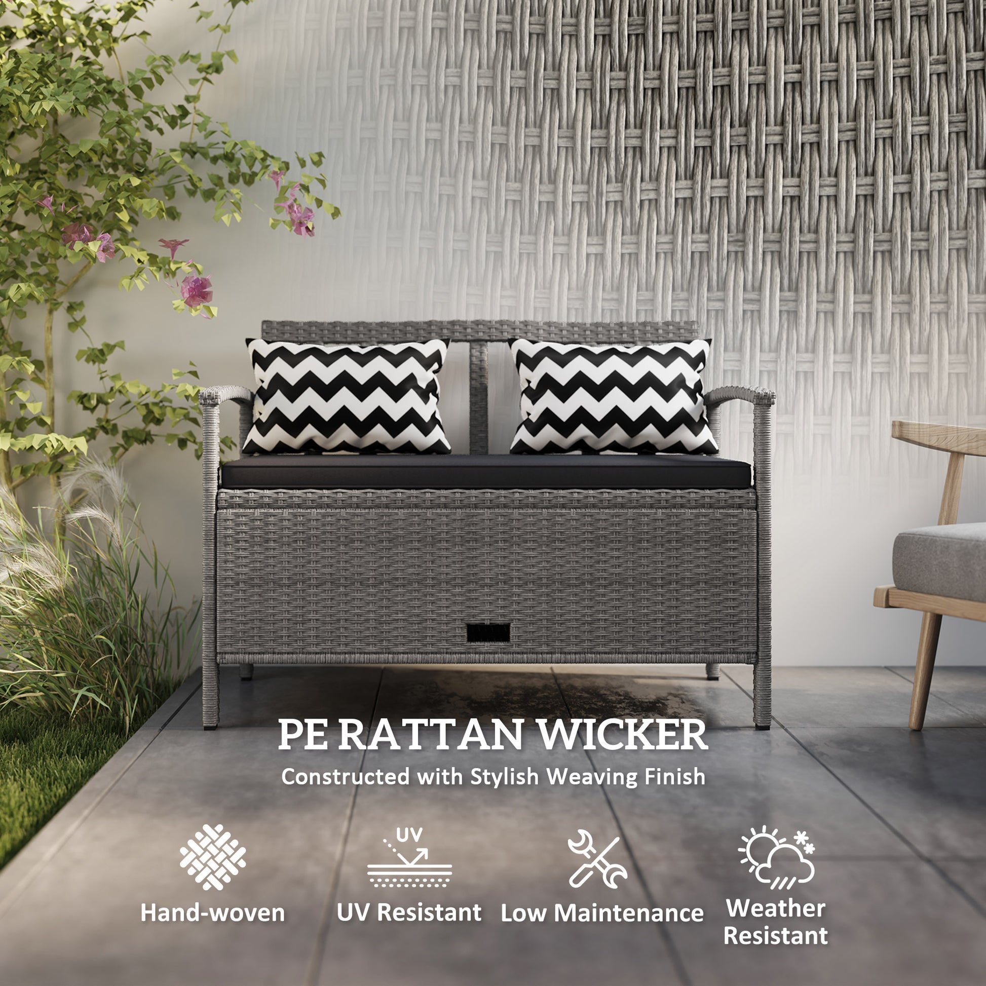Outsunny 160L Storage Two-Seater Rattan Bench - Grey--ChewyGames-ChewyGames