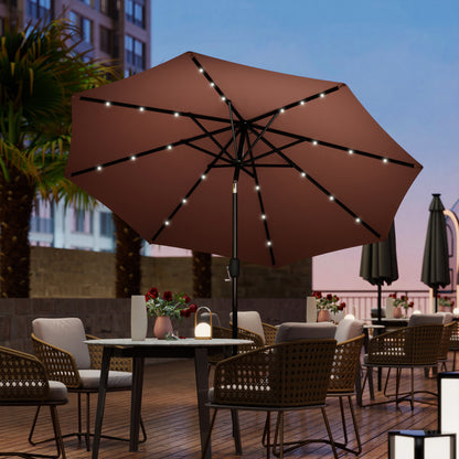 Outsunny Φ2.7m Garden 24 LED Light Parasol Solar Outdoor Tilt Sun Umbrella Patio Club Party Event Manual Sun Shade w/ Hand Crank and 8 Ribs, Brown