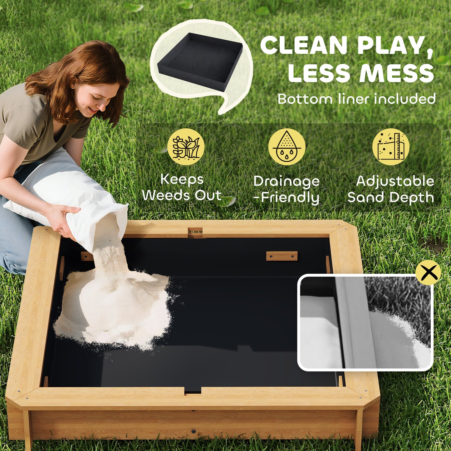 Outsunny Kids Square Wooden Sandpit, Children Sandbox Outdoor Playset