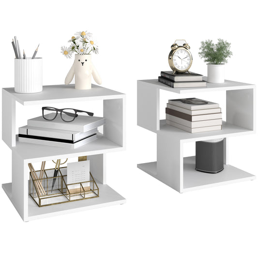 HOMCOM Set of 2 Side Table, Square Coffee Table, Modern End Table with 2 Tier Storage Shelves for Living Room, Bedroom, White