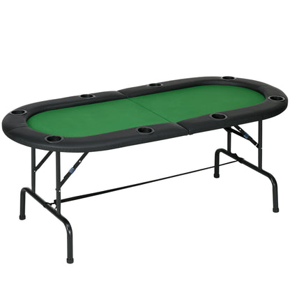 HOMCOM 8 Player Folding Poker Table, Oval Portable Blackjack Casino Table with Cup Holder, Felt Top and Metal Base, 183 x 82 x 75cm, Green and Black-Indoor Games-ChewyGames-ChewyGames