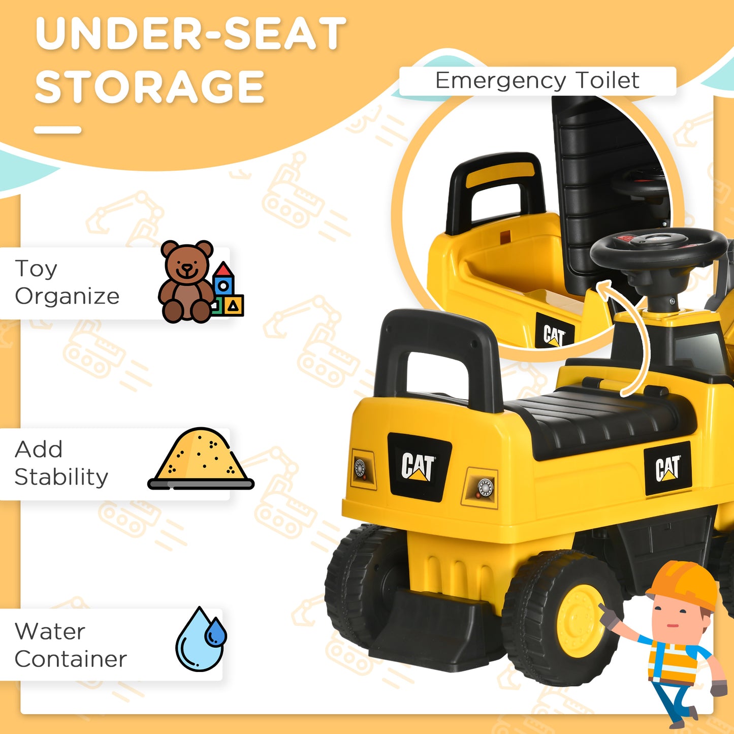 HOMCOM Ride on Tractor, CAT Licensed Kids Ride On Digger Excavator, Construction Toy Car with Adjustable Bucket, Horn, for Ages 1.5-3 Years
