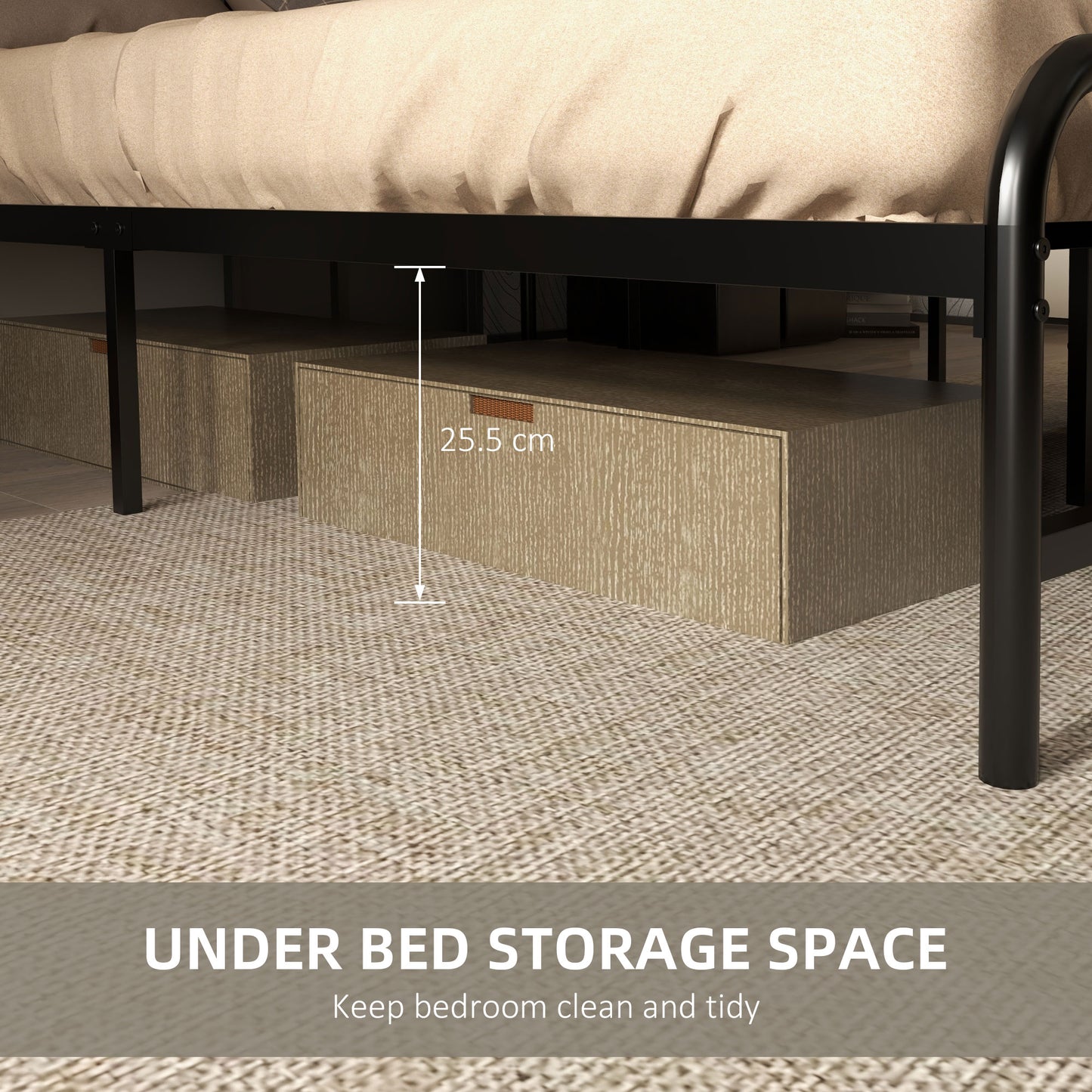 HOMCOM 4.8ft Double Bed Frame with Industrial Wood Headboard, Steel Slat Support and 25.5cm Underbed Storage Space, 145 x 197cm, Rustic Brown