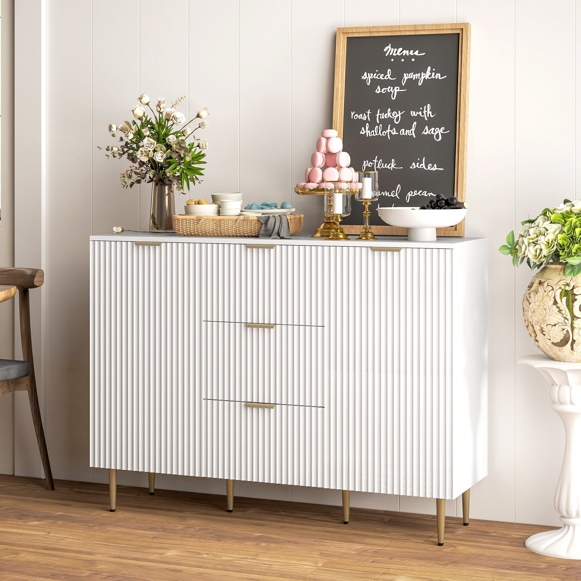 HOMCOM 2-Door Sideboard with 3 Drawers and Adjustable Shelves - White-Sideboards-ChewyGames-ChewyGames