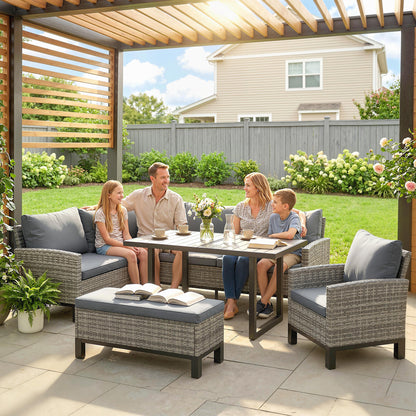 Outsunny 9 Seater Rattan Garden Furniture Corner Sofa Set, Outdoor Dining Set with Faux Wood Table, Ottoman, Cushions, Dark Grey