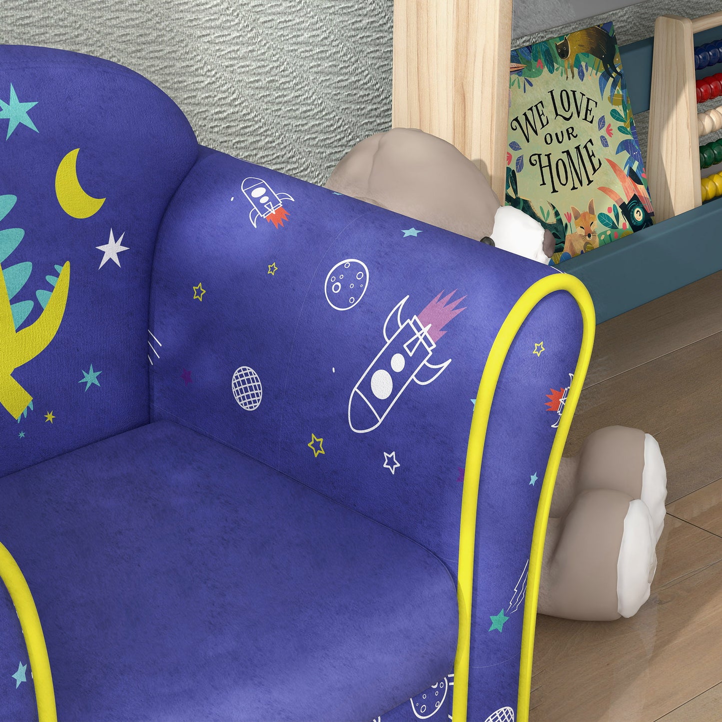AIYAPLAY Kids Armchair with Planet Dinosaurs Design, Wooden Frame, for Bedroom, Playroom, Kids Room - Blue-Play Sofas-ChewyGames-ChewyGames