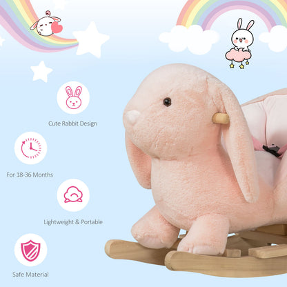 HOMCOM Baby Rocking Horse, Plush Baby Rocker Rabbit Ride-On Toy with Sound, Wood Base, Seatbelt, for Ages 18-36 Months, Pink