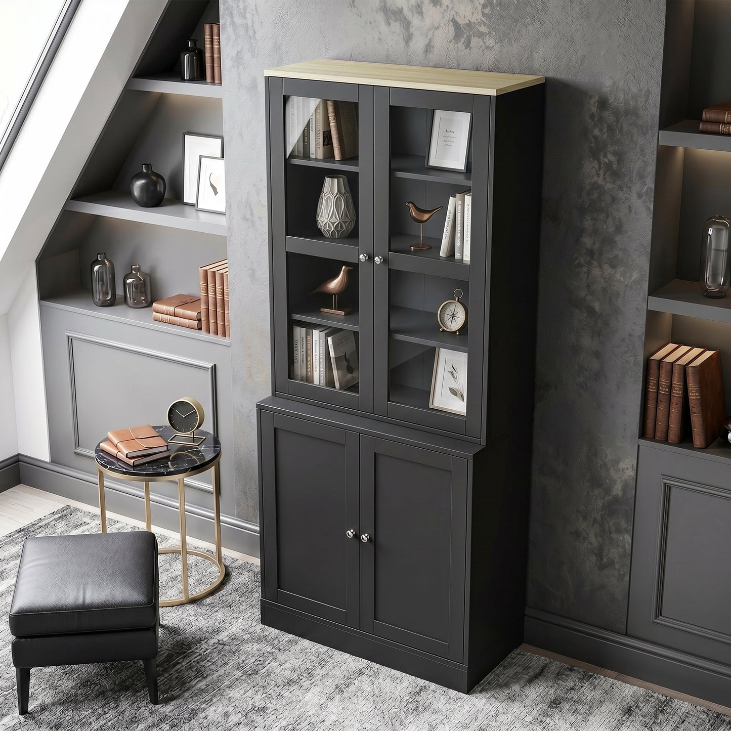 HOMCOM Modern Bookcase Display Storage Unit with Glass Doors Adjustable Shelves, Black