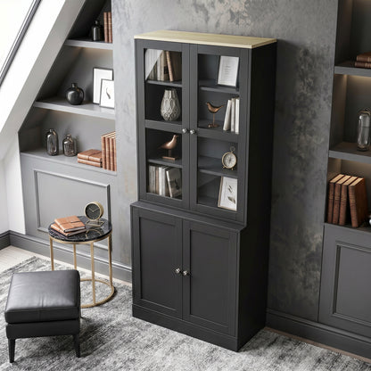 HOMCOM Modern Bookcase Display Storage Unit with Glass Doors Adjustable Shelves, Black