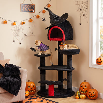PawHut Gothic Cat Tree, 155cm Cat Tower for Indoor Kittens, Multi-Level Stable Kitten Activity Centre, Black, Halloween
