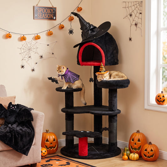 PawHut Gothic Cat Tree, 155cm Cat Tower for Indoor Kittens, Multi-Level Stable Kitten Activity Centre, Black, Halloween