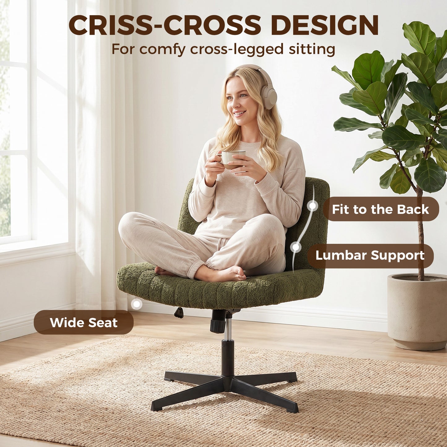 HOMCOM Teddy Fleece Criss Cross Legged Desk Chair, Armless Office Chair No Wheels, Green