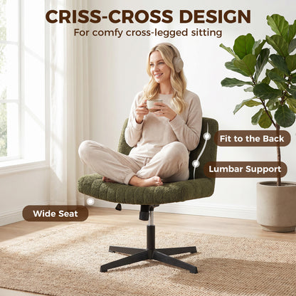 HOMCOM Teddy Fleece Criss Cross Legged Desk Chair, Armless Office Chair No Wheels, Green