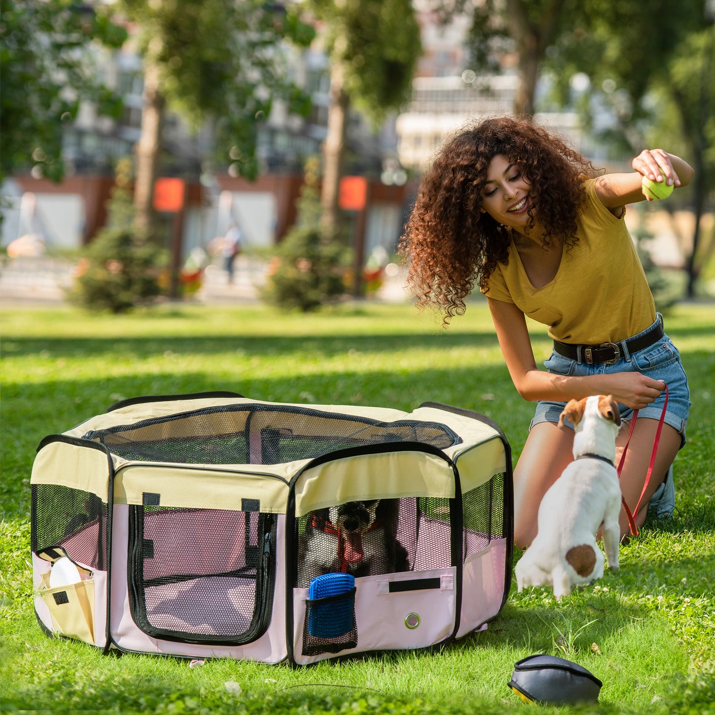 PawHut Fabric Pet Whelping Box Dog Cat Puppy Playpen Rabbit Guinea Pig Play Pen in Pink With Carry Bag Small Dia 90 x 41Hcm--ChewyGames-ChewyGames