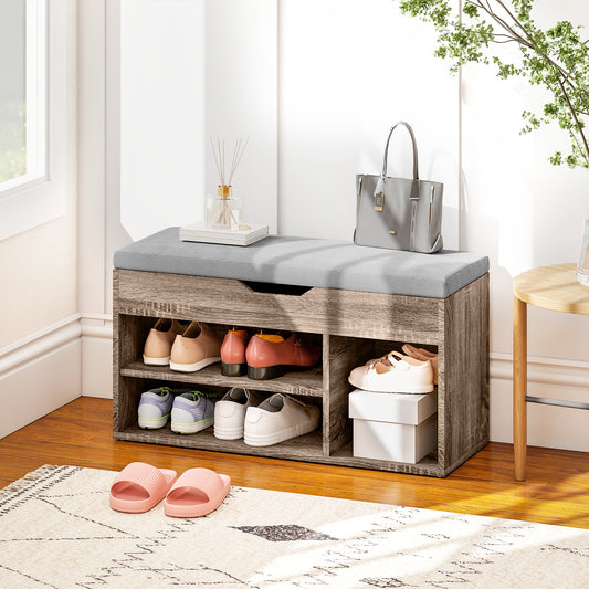 HOMCOM Shoes Cabinet Bench Hidden Storage Padded Seat Organiser Footwear Rack Hallway Grey Wood Grain