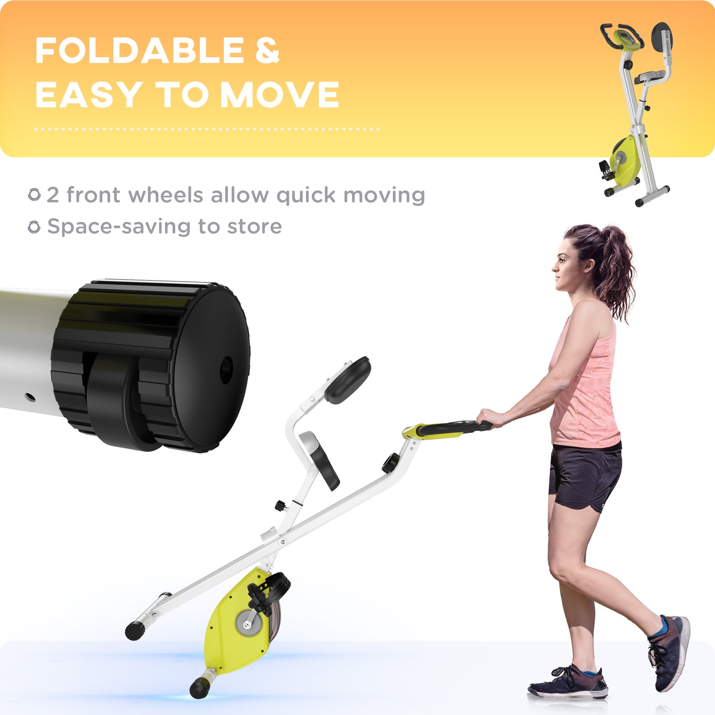 HOMCOM Folding Exercise Bike, Fitness Bicycle Indoor Trainer, Quiet 8-Level Magnetic Resistance, with LCD Monitor, Pulse Sensor and Wheels for Sport Maison and Cardio Training, Yellow