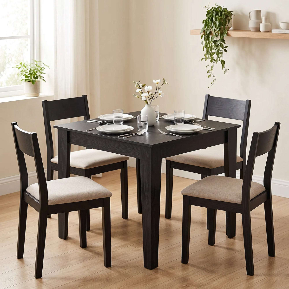 HOMCOM Dining Table for 4, 80L x 80W x 75Hcm, Modern Square Kitchen Table with Wood Effect Tabletop, Black Wood Effect