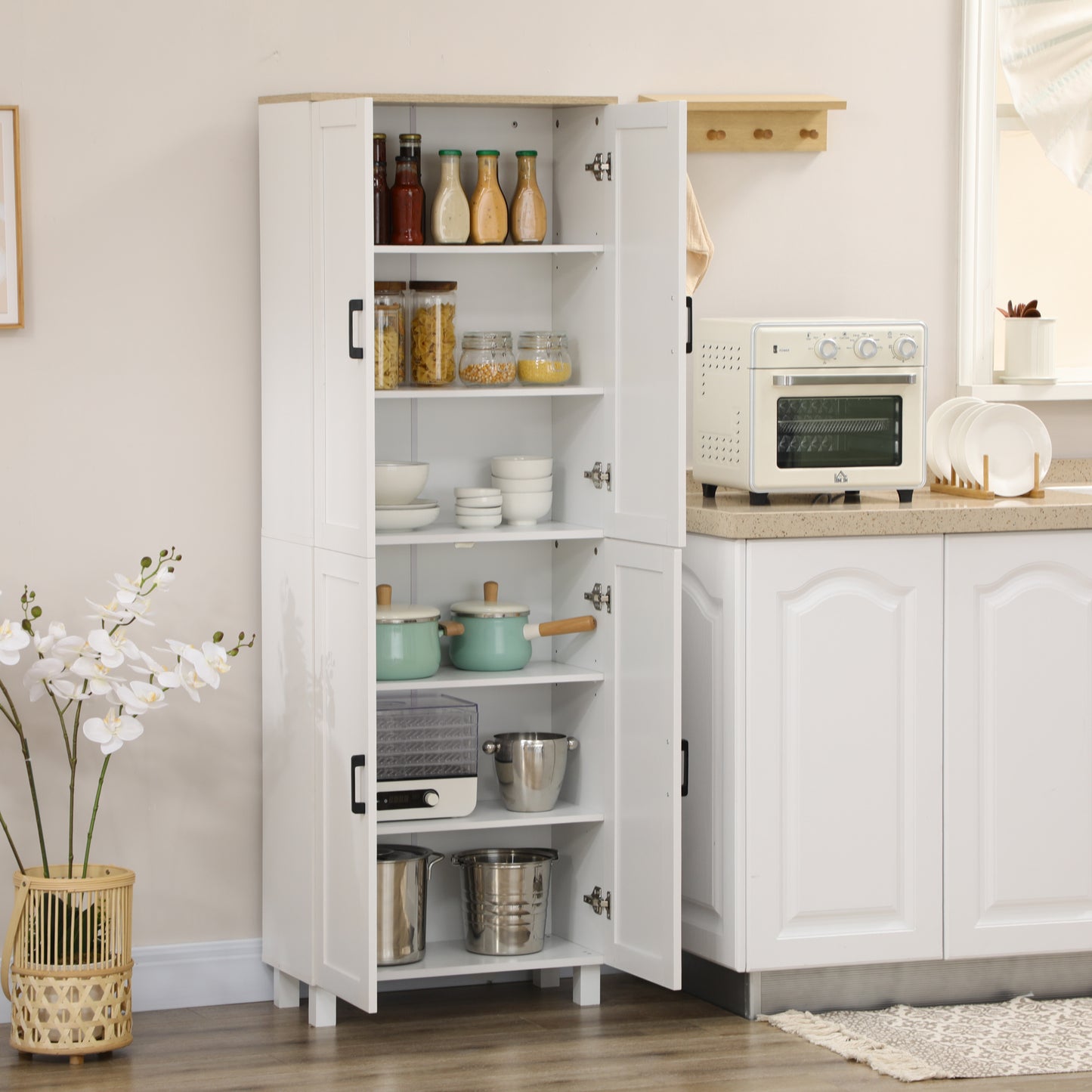 HOMCOM Freestanding Kitchen Cupboard, 4-Door Storage Cabinet Organizer with Adjustable Shelves White Embossed Wood Grain