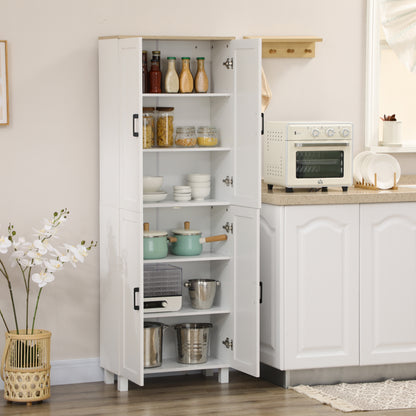 HOMCOM Freestanding Kitchen Cupboard, 4-Door Storage Cabinet Organizer with Adjustable Shelves White Embossed Wood Grain