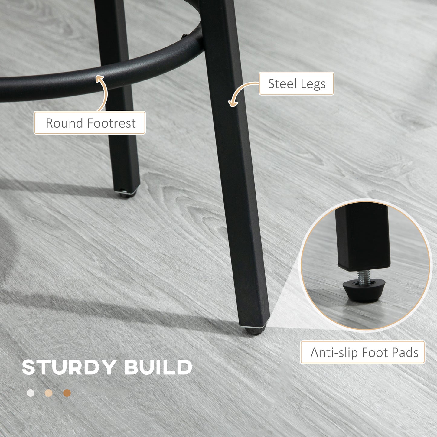 HOMCOM Bar Stools, Set of 2 Kitchen Breakfast Stools with Sturdy Steel Frame, Industrial Tall Bar Chairs, 65cm High Seat, Rustic Brown