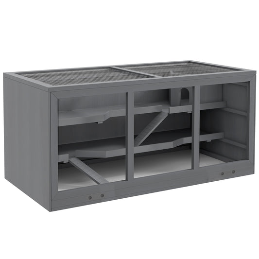 PawHut Wooden Hamster Cage, Small Animals Hutch with Tray, Openable Top, Exercise Play House Pen, 115L x 57W x 55Hcm, Grey