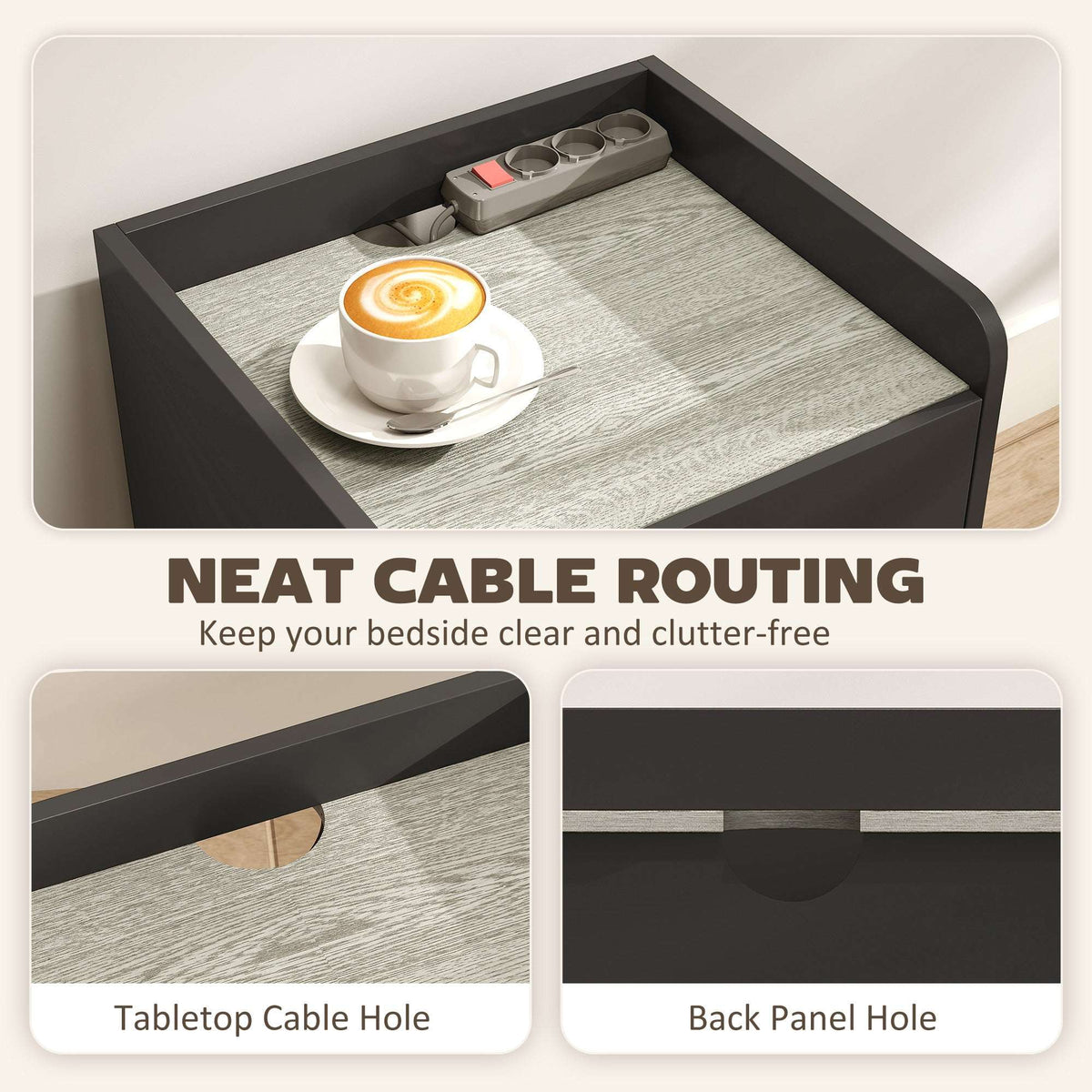 HOMCOM Modern Bedside Table, Slim Nightstand with Drawer, Shelf and Cable Holes, Black and Grey Wood Effect