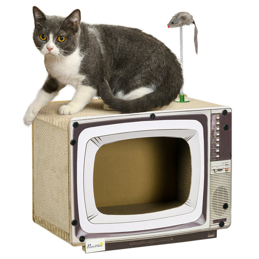 PawHut TV-Shaped Scratching Board with Scratcher, Catnip, Toy Rat, Cat Scratcher for Indoor Cats, 43 x 23 x 32.5cm--ChewyGames-ChewyGames
