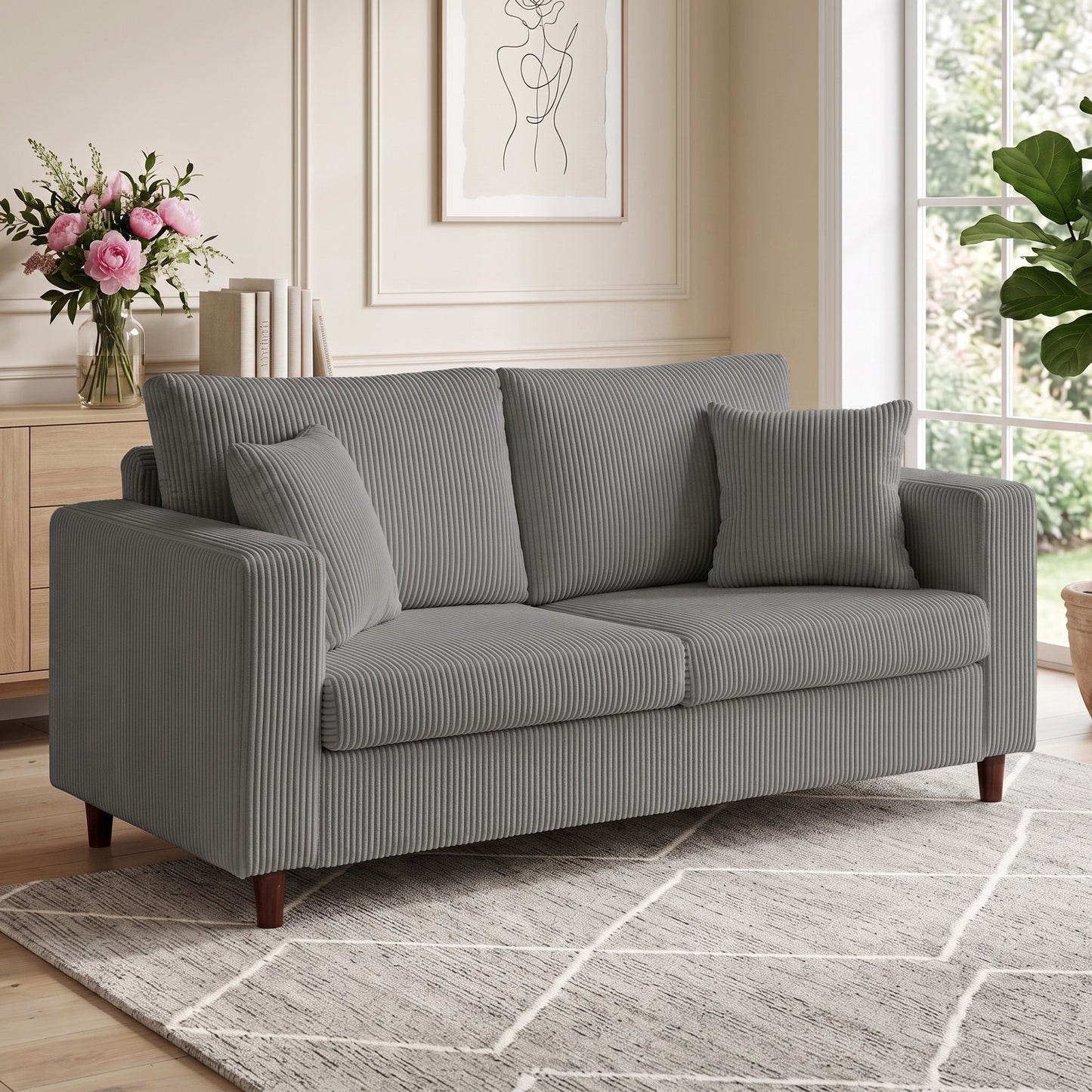 HOMCOM Loveseat Sofa with Wide Seat, Corduroy 2 Seater Couch with Deep Seat, Spring Cushion, Light Grey