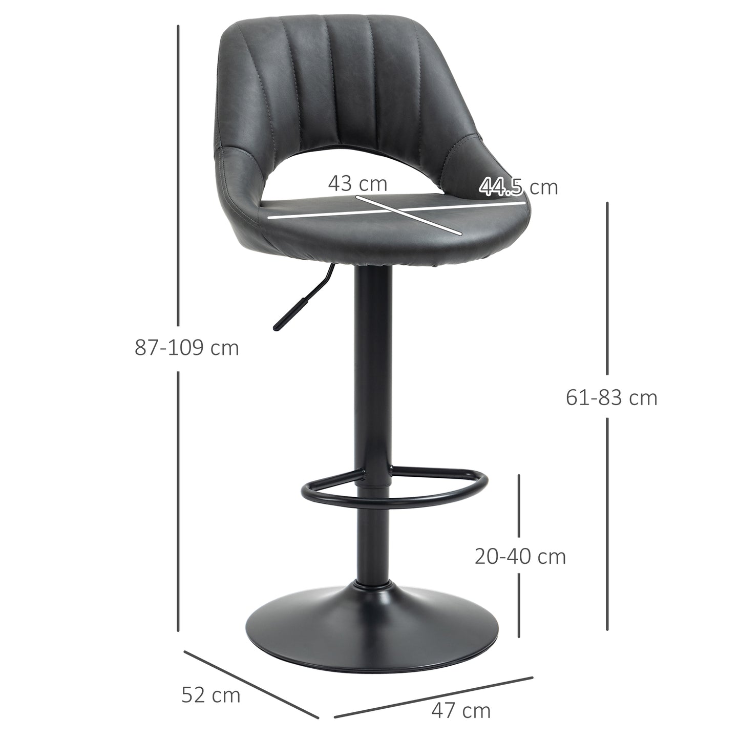 HOMCOM Bar Stools Set of 2, PU Leather Swivel Barstools with Backrest and Footrest for Kitchen, Counter, Breakfast Bar, Grey