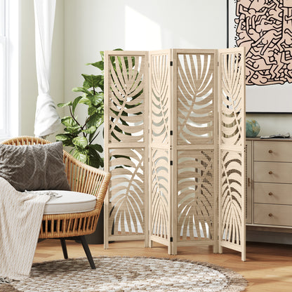 HOMCOM 4 Panel Privacy Screens, Detachable Folding Room Divider with Palm Leaf Design for Home Office, Natural Wood Finish