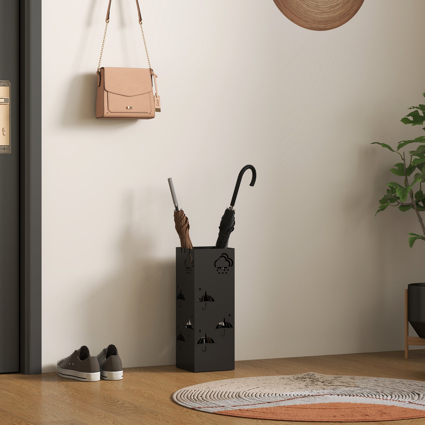 HOMCOM Metal Umbrella Stand, Square Umbrella Holder with Removable Drip Tray and 4 Hooks, Decorative Umbrella Storage Rack for Hallway, Entryway, 15.5 x 15.5 x 41 cm, Black