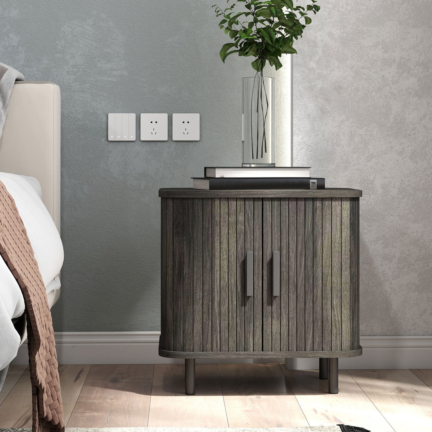 HOMCOM Nightstand with Sliding Doors and Metal Legs Grey