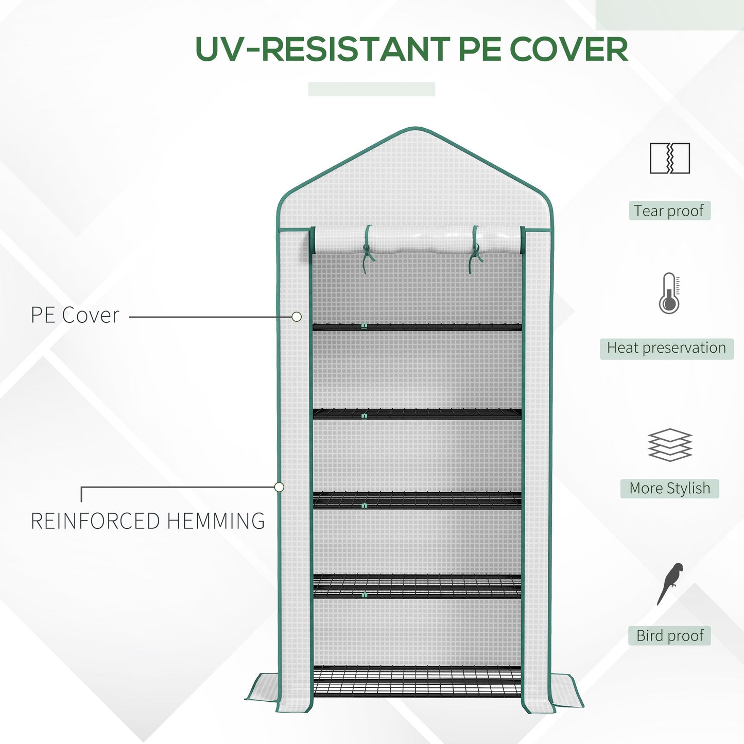 Outsunny 5 Tier Widened Mini Greenhouse with Reinforced PE Cover, Portable Indoor Outdoor Green House with Roll-up Door and Wire Shelves, 90 x 49 x 193cm, White