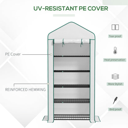 Outsunny 5 Tier Widened Mini Greenhouse with Reinforced PE Cover, Portable Indoor Outdoor Green House with Roll-up Door and Wire Shelves, 90 x 49 x 193cm, White