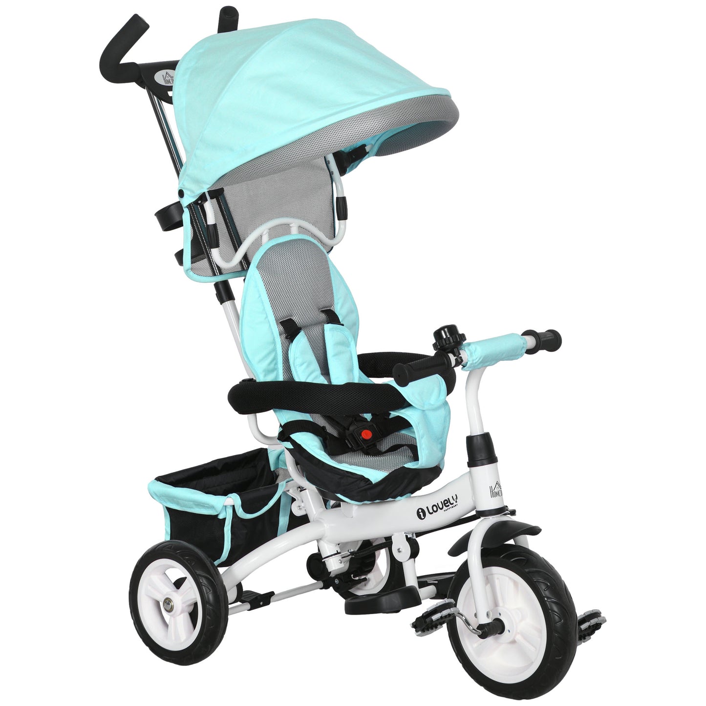 HOMCOM 6 in 1 Kids Trike Push Bike w/ Push Handle, Canopy, 5-point Seat Belt, Storage, Footrest, Brake, for 1-5 Years, Green