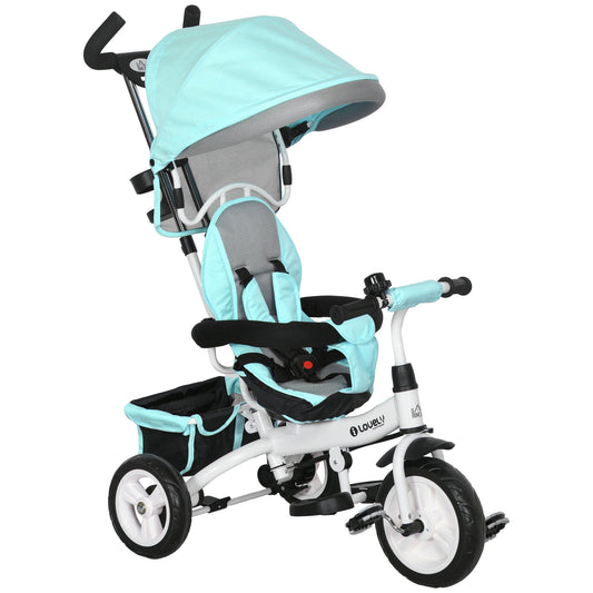 HOMCOM 6 in 1 Kids Trike Push Bike w/ Push Handle, Canopy, 5-point Seat Belt, Storage, Footrest, Brake, for 1-5 Years, Green