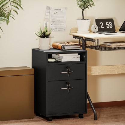HOMCOM Filing Cabinet, Mobile File Cabinet with 2 Lockable Drawers, Office Home Organiser on Wheels for A4, Letter-Size File Folders, Mobile Printer with Open Shelf, Black