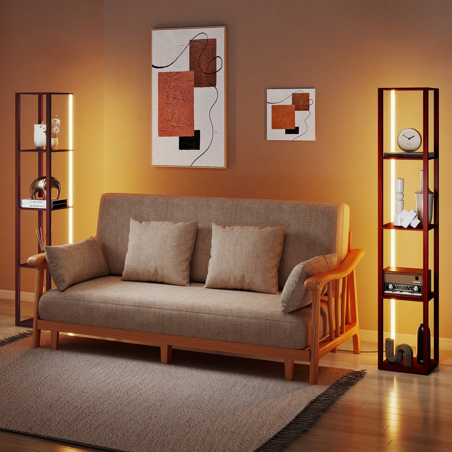 HOMCOM RGB LED Floor Lamp with Shelves, Modern Dimmable Standing Lamp with Remote Control, Adjustable Brightness & Speed for Living Room, Bedroom, Office, Brown