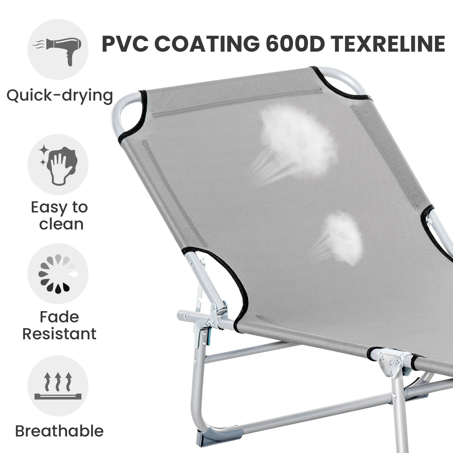 Outsunny Reclining Sun Lounger Chair Folding Camping Bed with 4-Position Adjustable Backrest, Grey