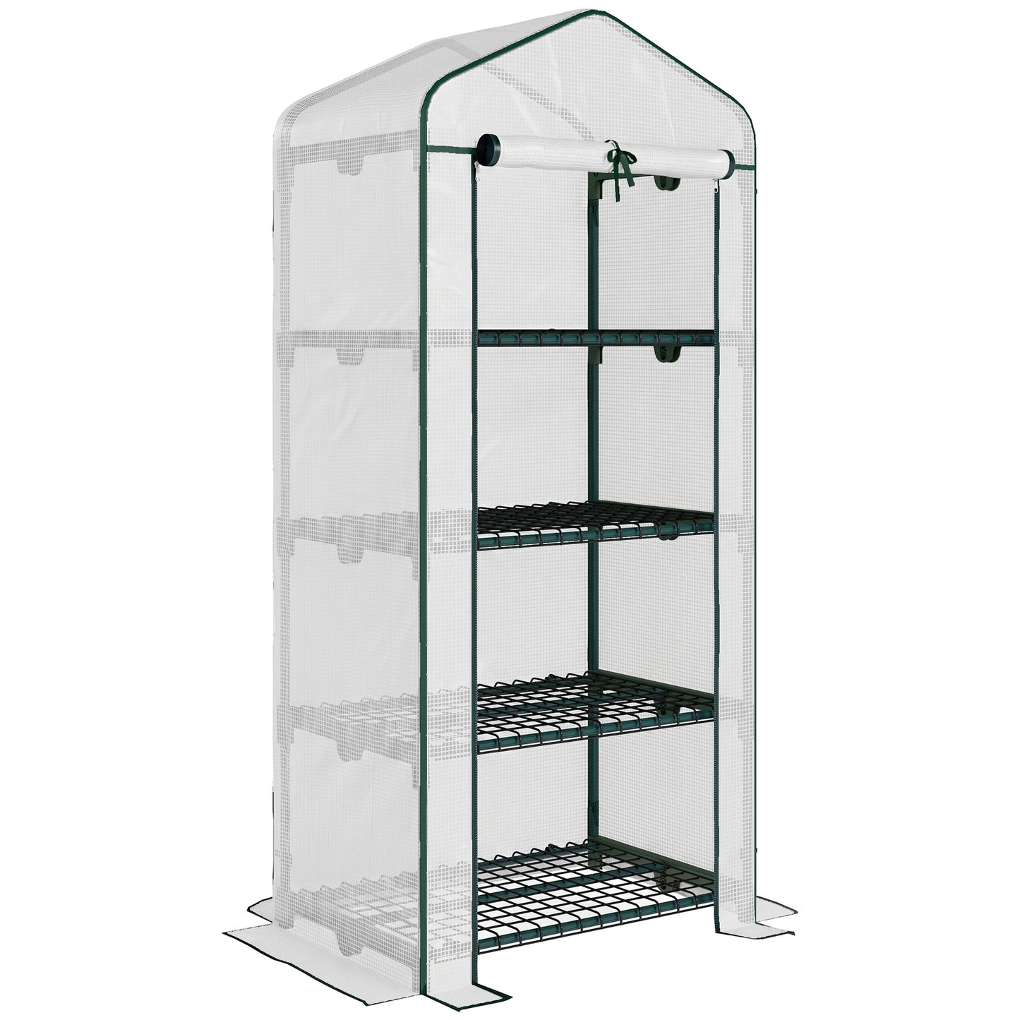 Outsunny 4 Tier Mini Greenhouse, Portable Compact Green House with Steel Frame, PE Cover, Roll-up Door, 70 x 50 x 160 cm, White