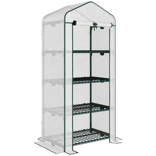 Outsunny 4 Tier Mini Greenhouse, Portable Compact Green House with Steel Frame, PE Cover, Roll-up Door, 70 x 50 x 160 cm, White