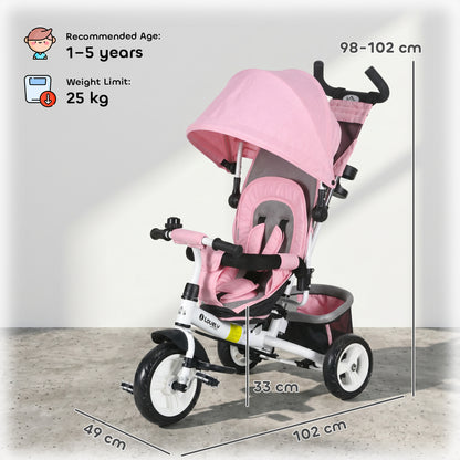 HOMCOM 6 in 1 Kids Trike with Parent Handle, Canopy, 5-point Seat Belt, Storage, Footrest, Brake, for 1-5 Years, Pink